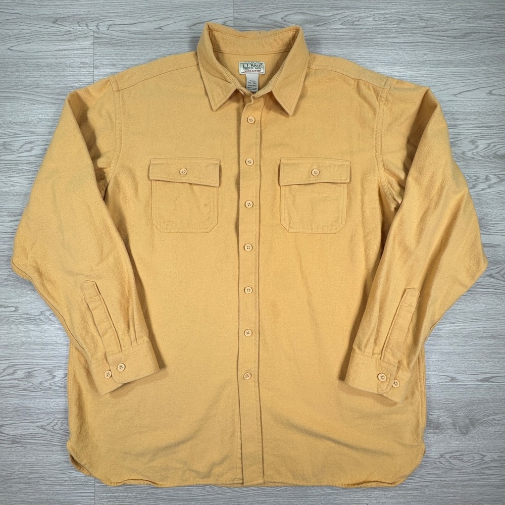 LL Bean Men's Shirt Chamois Cloth Flannel Yellow XXL Tall Long‎ Sleeve Pockets